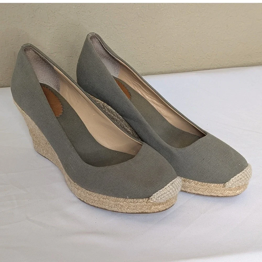 J. Crew Olive Green Canvas Espadrille Wedge‎ Heels Women's 9 Boho Coastal Work